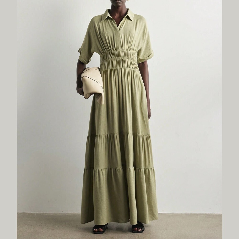 Sage Green Collared Shirt Dress with Shirred Waist Tiered Maxi Length